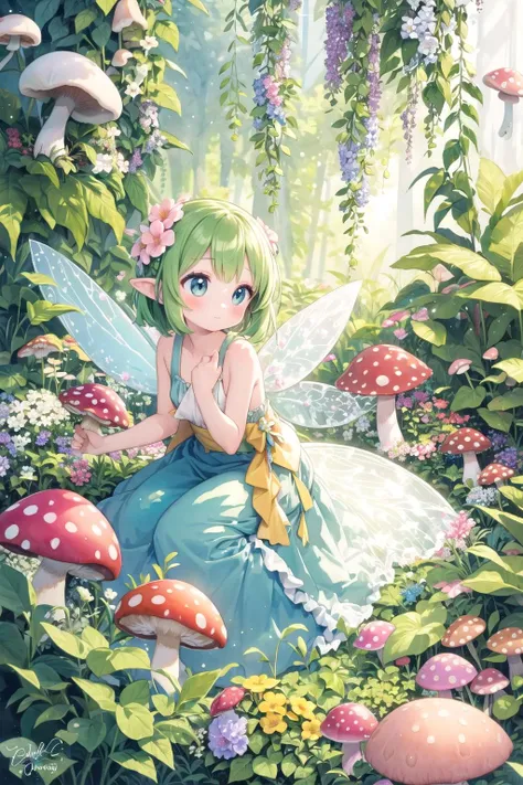 a girl sitting on a mushroom covered ground with flowers and mushrooms