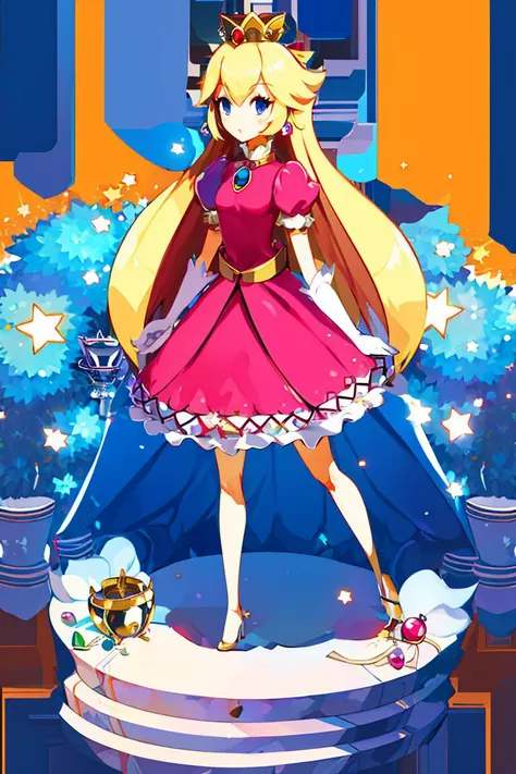 <lora:Harada_Takehito_Background_Dim32:1>, (masterpiece, best quality), 1girl,    <lora:princesspeach-lora-nochekaiser:1> princess peach, blonde hair, blue eyes, long hair, crown, dress, gem, gloves, pink dress, puffy short sleeves, puffy sleeves, short sl...