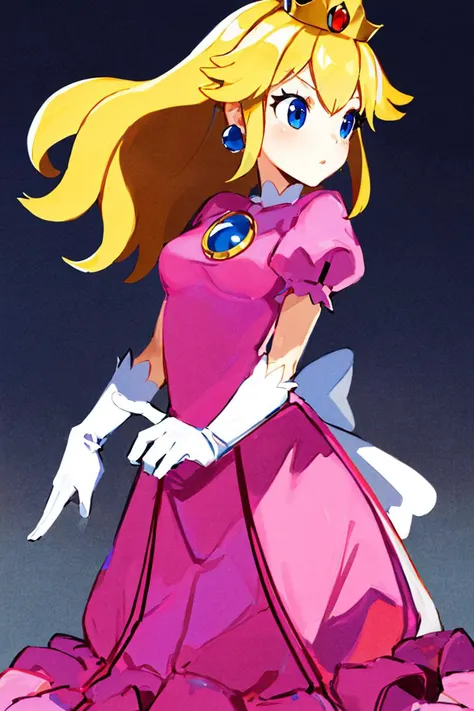 <lora:Harada_Takehito_Style_Dim32:0.8>, (masterpiece, best quality), 1girl,    <lora:princesspeach-lora-nochekaiser:1> princess peach, blonde hair, blue eyes, long hair, crown, dress, gem, gloves, pink dress, puffy short sleeves, puffy sleeves, short sleev...