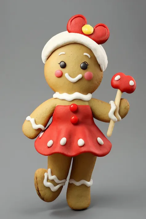 a close up of a gingerbread doll holding a candy cane