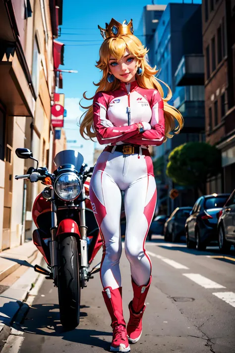 princess peach, blue eyes, long blonde hair, earrings, crown,wearing a pink and white bike suit, boots, belt, gloves, looking at viewer, smiling, happy, 
arms crossed, outside,standing behind a (sports motorcycle), extreme detail, masterpiece,  <lora:princ...