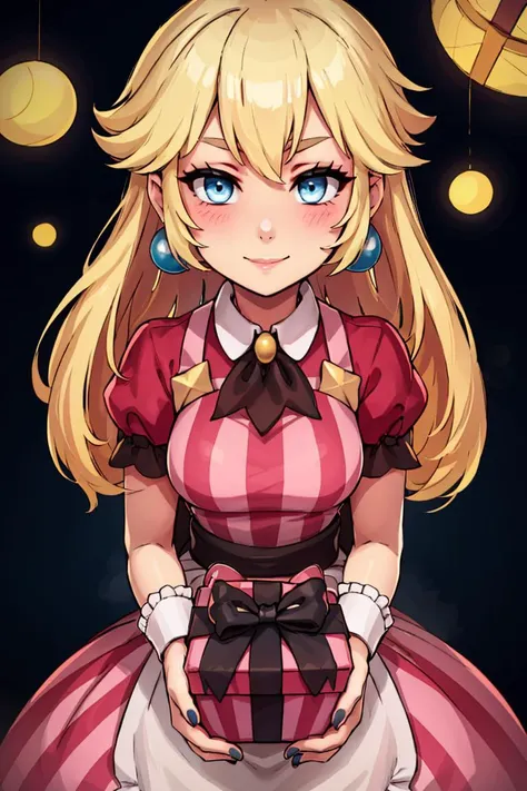 (masterpiece, best quality:1.2), solo,  beautiful eyes, <lora:Palentines_2022:0.6>,   smile, looking at viewer,  <lora:princesspeach-lora-nochekaiser:1>, princess peach, blonde hair, blue eyes,  blush, box, closed mouth, commentary request, creatures (comp...