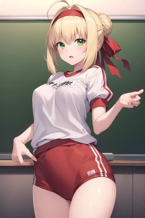 nero, ahoge, blonde hair, (green eyes:1.5), hair between eyes, hair intakes,
braid, buruma, french braid, gym shirt, gym uniform, hair bun, headband, official alternate costume, red buruma, red headband, single hair bun,
classroom,standing,looking at viewe...