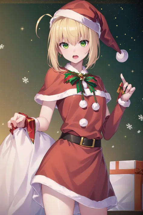 nero, ahoge, blonde hair, (green eyes:1.5), hair between eyes, hair intakes,
(santa costume:1.5), santa hat, christmas hat,
classroom,standing,looking at viewer,cowboy shot,
((Highly quality, (Masterpiece, Eextremely detailed CG unity 8k wallpaper), Digita...