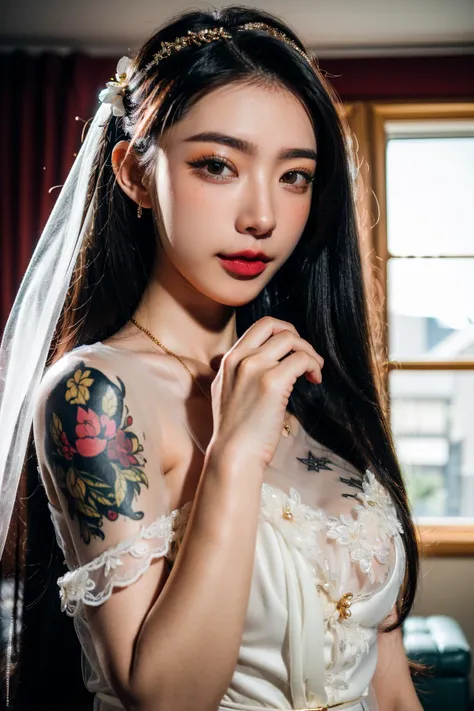 ((masterpiece), (best quality), ultra high res, (raw photo:1.2), (photorealistic:1.4), Exceptional detail, dramatic lighting, highres,   8k, absurdres, solo, portrait,
CN Girl5, 1girl, (see-through:1.3),bare shoulders,  wedding dress, off shoulder, piercin...