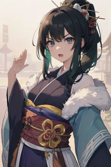 a woman in a kimono outfit with a sword in her hand