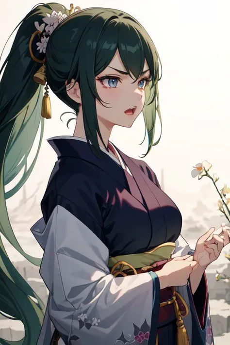 a woman with long green hair and a black dress holding a flower