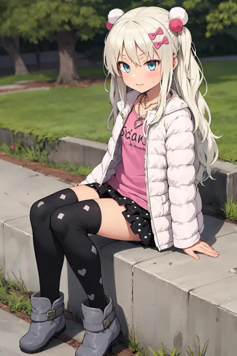 anime girl sitting on a curb with her legs crossed