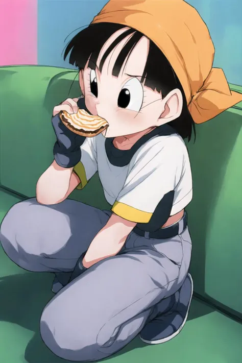 anime artwork full body of 1 female child, eating, best quality, beautiful face, perfect eyes, <lora:pandballgt_ex_01:1>, highest quality, perfect anatomy, perfect face,<lora:pandballgt_ex_01:0.81>, pandballgt, black eyes, black hair, short hair, orange ba...