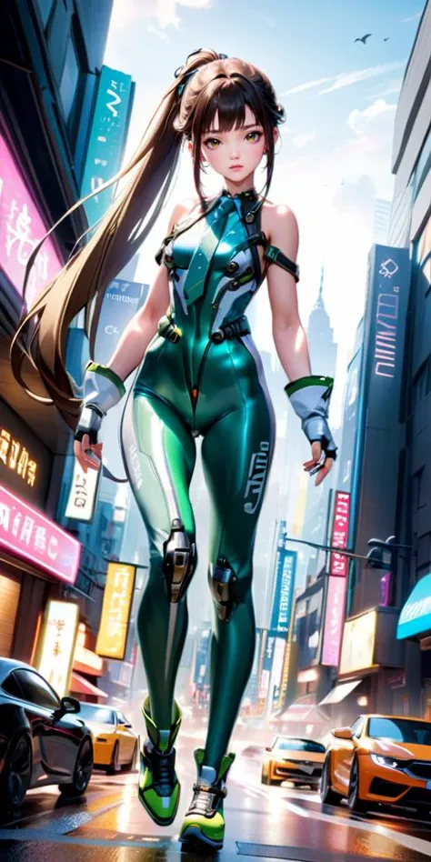 a woman in a green suit walking down a city street