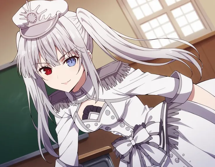 anime girl with long white hair and a white dress in a classroom