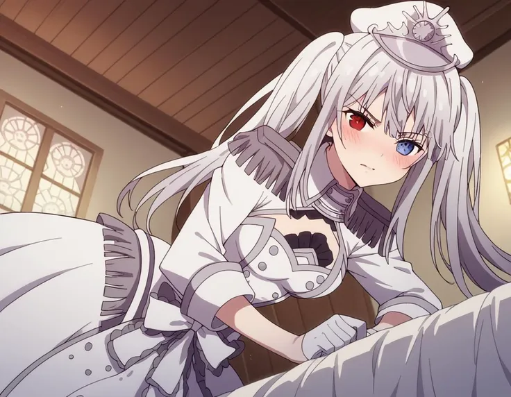 anime girl with long white hair and a white dress on a bed