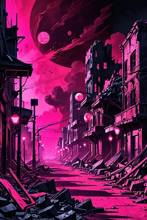 a pink and triadic color scheme and neon streetlights in a destroyed planet in the style of charcoal art, very long shot, <lora:sdxl_lightning_8step_lora.safetensors:1.0>, <lora:add detail xl.safetensors:1.5>