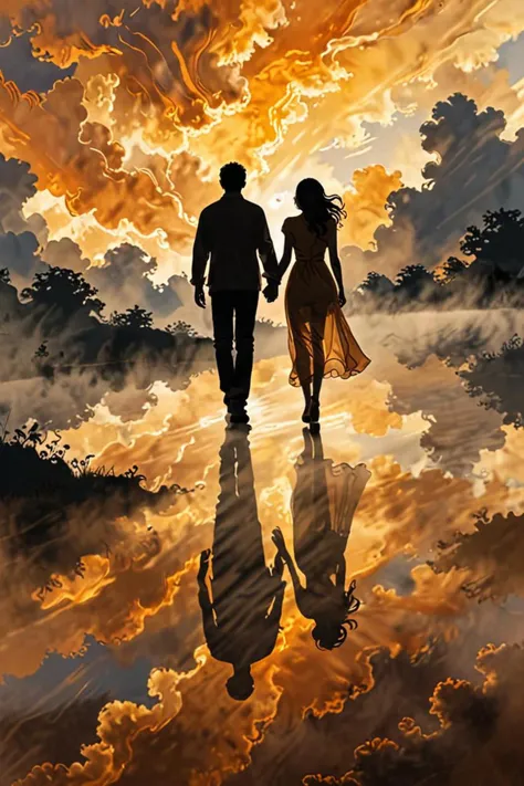 a couple walking hand in hand and single silhouette figure in a misting in the style of swirley clouds, amber eyes, <lora:sdxl_lightning_8step_lora.safetensors:1.0>, <lora:add detail xl.safetensors:1.5>