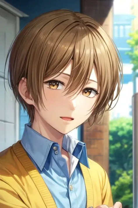 masterpiece, best quality, , 1boy, solo, male focus, looking at viewer, upper body, , <lora:ryou_yoake:0.72>, ryou_yoake, brown hair, brown eyes, shirt,