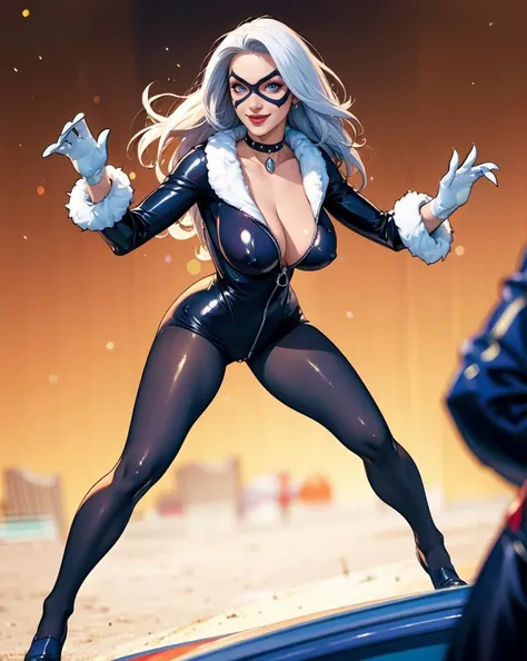 (full body:1.4), photo of a lady, CARTOON_felicia_blackcat_ownwaifu, (solo focus:1.4),  (look at viewer:1.2), long hair,white hair, domino mask, 
black choker, collarbone, cleavage,  
spiked collar,  black latex, shiny, bodysuit, white gloves, claws,  fur ...