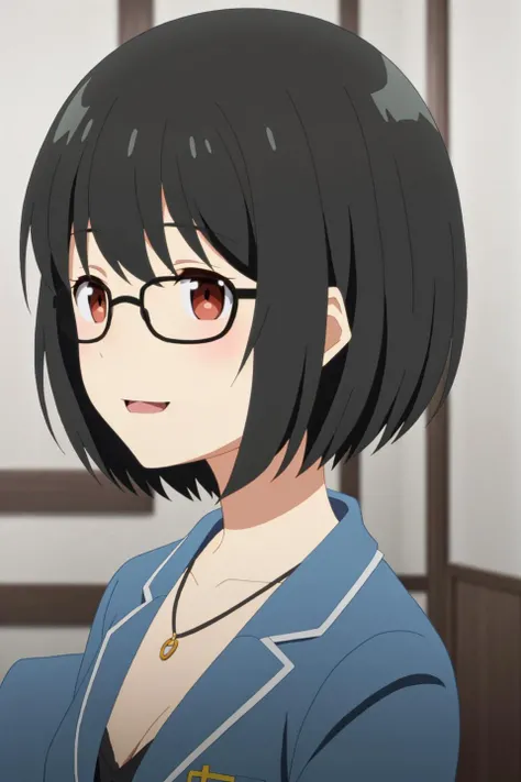 eri, anime art style, 1girl, solo, looking_at_viewer, smile, short_hair, bangs, black_hair, brown_eyes, jewelry, collarbone, glasses, bracelet, black-framed_eyewear