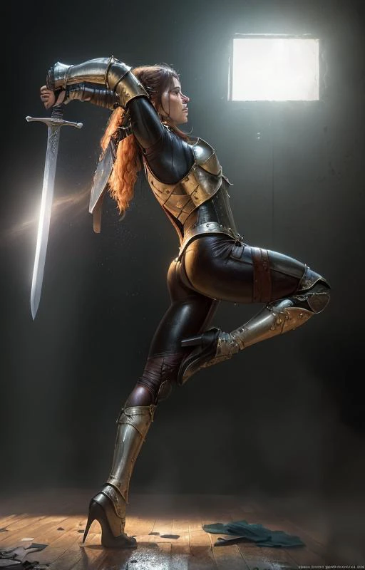 photo of the most beautiful work of art in the world depicting a soft shiny female hero, ((epic heroic fantasy muscular women, a harsh wet wounded heroine, angry with long hair and fierce in a dynamic pose, girl in armor holding sword and shield, northern ...