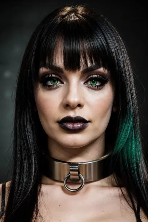 a woman with green hair and black lipstick wearing a choke