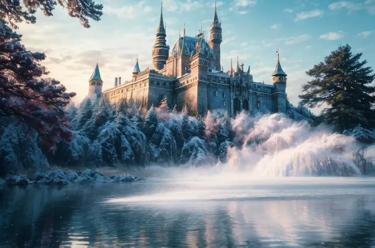 a profestional picutre of  6) The Peppermint Castle - A massive stone castle, its walls coated in shimmering peppermint ice that glitters in the sunlight. The air is filled with the sweet scent of cotton candy and the sound of raucous laughter from the cas...