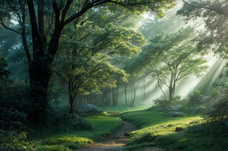 a profestional picutre of 44) The Elven Forest - A vast landscape, its terrain coated in lush greenery that shimmers with magic. The air is filled with the sound of chirping birds and the smell of blooming flowers. The forest is said to be home to a power...