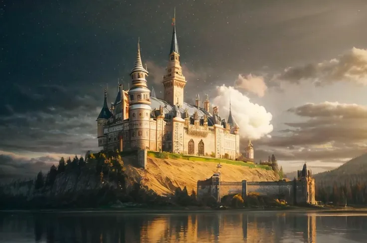 a profestional picutre of 15) The Cinnamon Castle - A massive stone castle, its walls coated in smooth cinnamon rock that glitters in the sunlight. The air is filled with the sweet scent of cotton candy and the sound of raucous laughter from the castles r...
