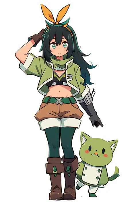 white background, simple background, Rrihho, looking at viewer, long hair, black hair, gloves, animal ears, jacket, pantyhose, boots, shorts, day, midriff, arm up, crop top, cropped jacket, brown shorts, green pantyhose <lora:Tatoeba_Last_ Dungeon_Riho_Fla...