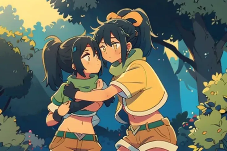 a couple of anime characters hugging each other in a forest