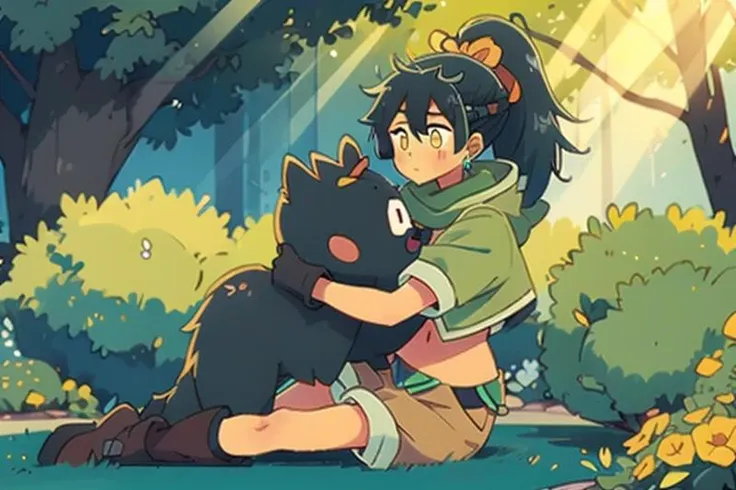 anime girl hugging a black cat in a forest