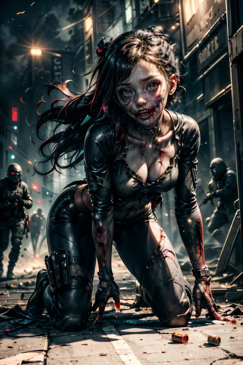 (((Ultra-HD-quality-details, ideal-cutesie))),40-zoey-olderv2-zombie,dynamic angles,masterpiece,(detailed),(detailed skin),1girl,wearing special forces gear,(bullet wounds),<lora:Zoey_zombie_olderV2_r40:0.8>,action poses,ray tracing,vivid colors,vibrant co...