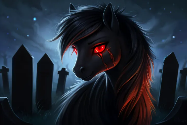 pony, female, glowing eyes, red eyes, black body,scars, cemetery background, night, very beautiful, best quality, perfect anatomy, fluff, (body fur), masterpiece, (digital painting, soft shading,, warm lighting), cute,