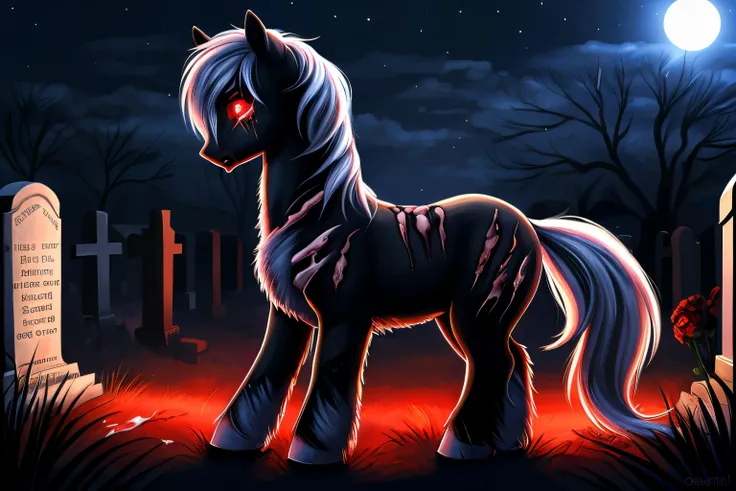 pony, female, glowing eyes, red eyes, black body,scars,(open wounds:1.4), (bones:1.2), (bleeding:1.3), cemetery background, night, very beautiful, best quality, perfect anatomy, fluff, (body fur), masterpiece, (digital painting, soft shading,, warm lightin...