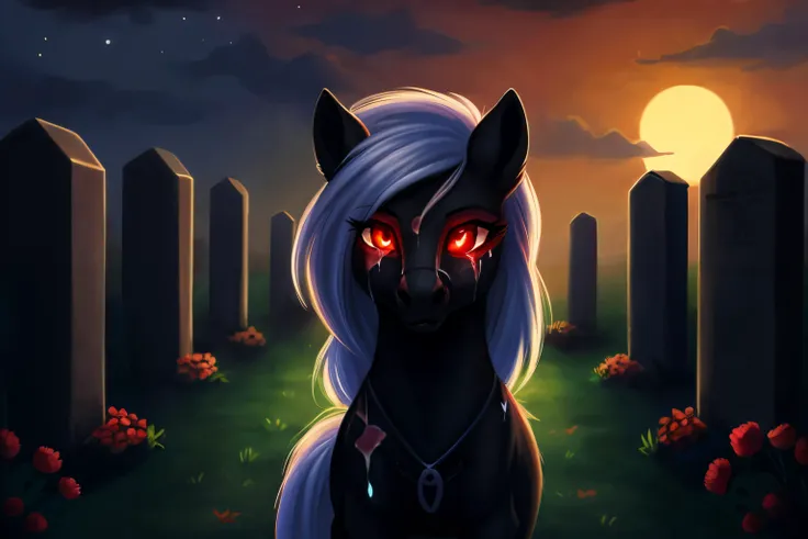 pony, female, glowing eyes, red eyes, black body,scars,(bleeding:1.3), cemetery background, night, very beautiful, best quality, perfect anatomy, fluff, (body fur), masterpiece, (digital painting, soft shading,, warm lighting), cute,