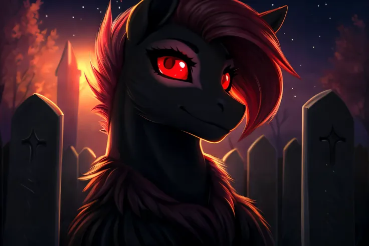 pony, female, glowing eyes, red eyes, black body, cemetery background, night, very beautiful, best quality, perfect anatomy, fluff, (body fur), masterpiece, (digital painting, soft shading,, warm lighting), cute,