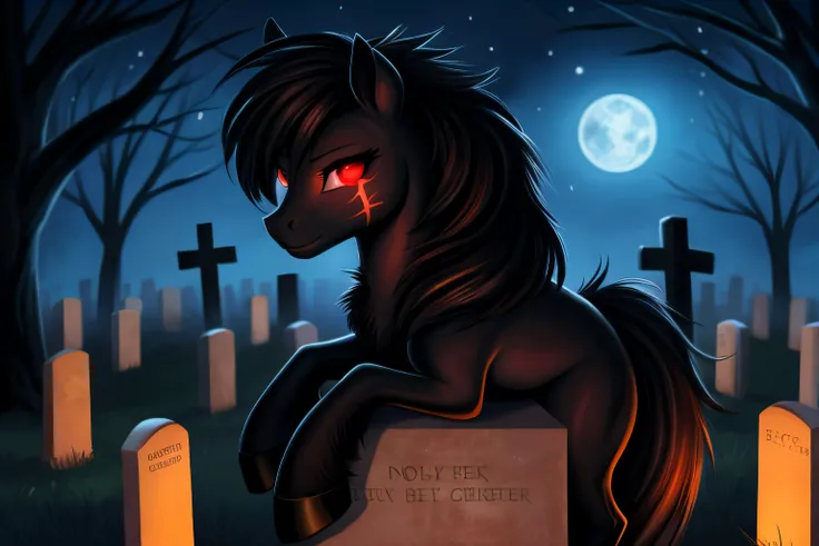 pony, female, glowing eyes, red eyes, black body,scars, cemetery background, night, very beautiful, best quality, perfect anatomy, fluff, (body fur), masterpiece, (digital painting, soft shading,, warm lighting), cute,