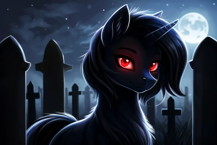 pony, female, glowing eyes, red eyes, black body,scars, cemetery background, night, very beautiful, best quality, perfect anatomy, fluff, (body fur), masterpiece, (digital painting, soft shading,, warm lighting), cute,