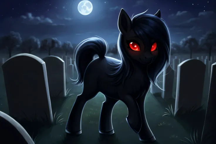 pony, female, glowing eyes, red eyes, black body,scars, cemetery background, night, very beautiful, best quality, perfect anatomy, fluff, (body fur), masterpiece, (digital painting, soft shading,, warm lighting), cute,