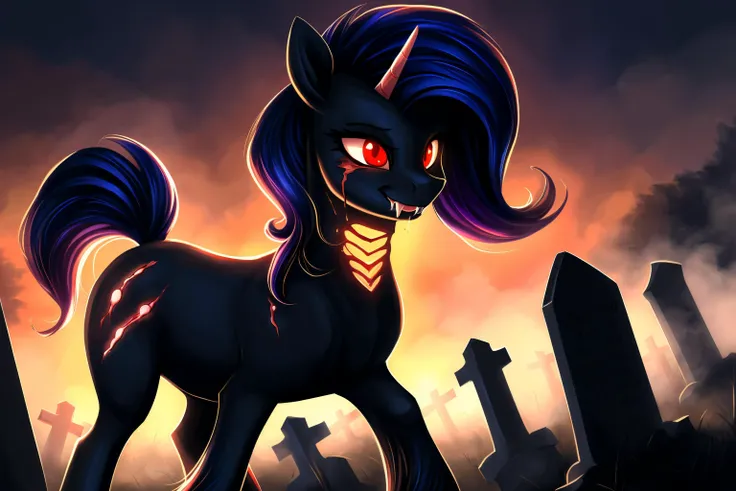 (pony:1.3), female, glowing eyes, red eyes, black body,scars,(open wounds:1.4), (bones:1.2), glowing blood, (bleeding:1.3), cemetery background, night, very beautiful, best quality, perfect anatomy, fluff, (body fur), masterpiece, (digital painting, soft s...