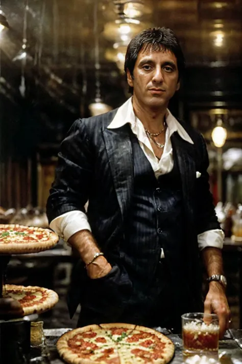 Scarface owner of a pizza shop in Brooklyn, many pizzas, delicious, realistic, natural lighting, post-processing, highly detailed, cinematic, intricate scenery, sharp, photo by Annie Leibovitz, studio lighting, ultra realistic, bokeh, <lora:Scarface:0.75>