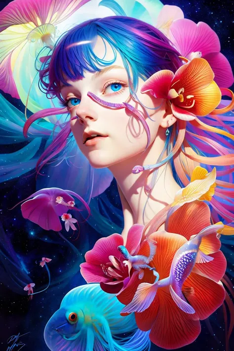 _james jean, goddess portrait roses, jellyfish flying, orchid, betta fish, bioluminescent, break
| beautiful night sky | photo m...