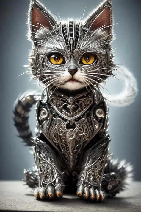 to8contrast style, a cute smoky kitten made out of metal, (cyborg:1.2), ([tail | detailed wire]:1.3), (intricate details), hdr, ...