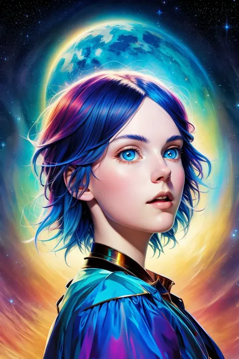 _james jean,anime poster /(composition)/,(colorful, dynamic pose), beautiful detailed cosmic eyes ,beautiful detailed face, looking at viewer, girl ,intricate medieval clothing, blue hair, elegant long haircut , determined, medieval street background, ,war...