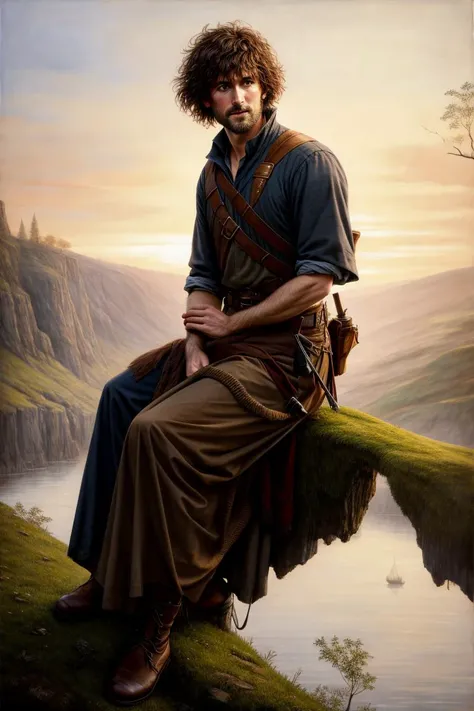close up of {1 woman|1 man} {old|young|middle aged|handsome|attractive}, of {irish|scottish|english|ukrainian|hungarian|japanese|icelandic} descent, {knight|ranger|paladin|barbarian|bard|druid|rogue|fighter|monk|wizard|warlock} {sitting on the cliff|leanin...