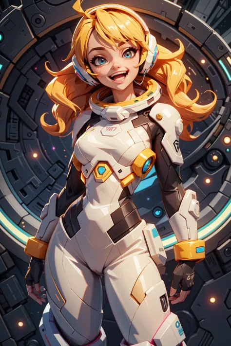 ((best quality, masterpiece)), ((style-swirlmagic):0.3), ((black leather futuristic spacesuit)),red neon lit, (smiling), headphones , open mouth, 1girl, blonde hair, wavy hair, (cameltoe), a white parts of mechanical female, looking at viewer, soft colors,...
