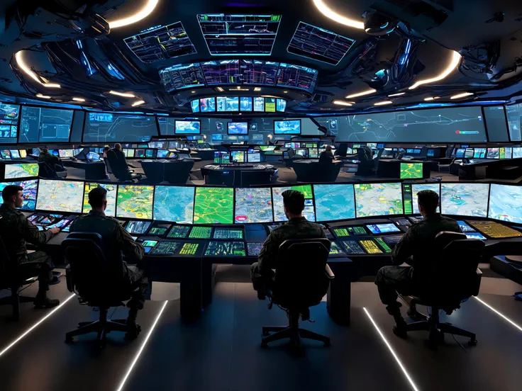 a group of people sitting at a table in front of multiple monitors