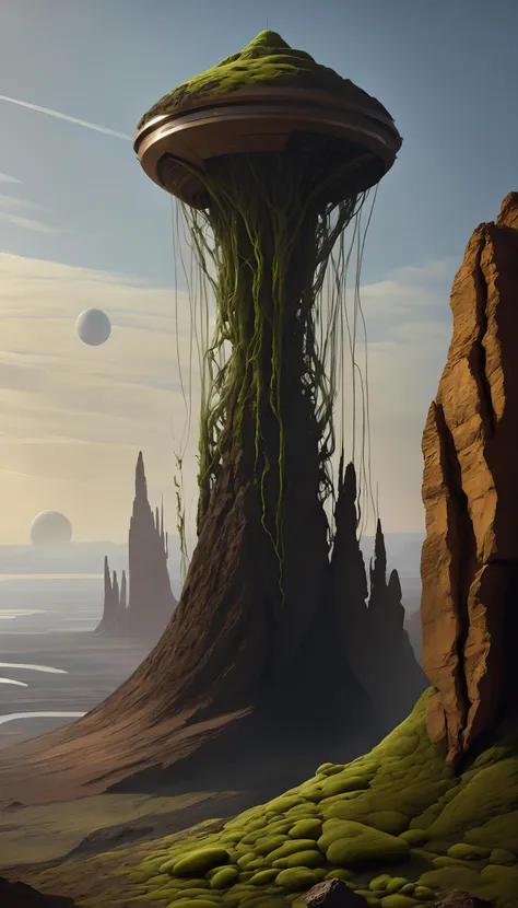 a painting of a strange looking alien like structure in the middle of a desert