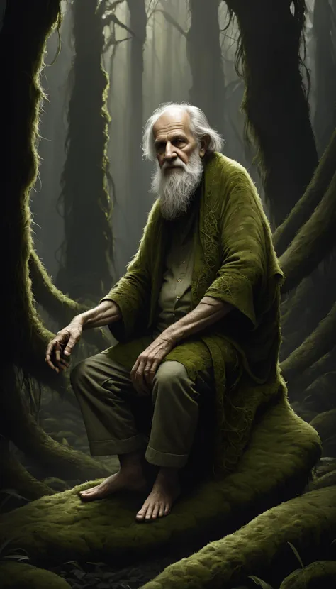 an old man sitting on a mossy tree stump in the woods