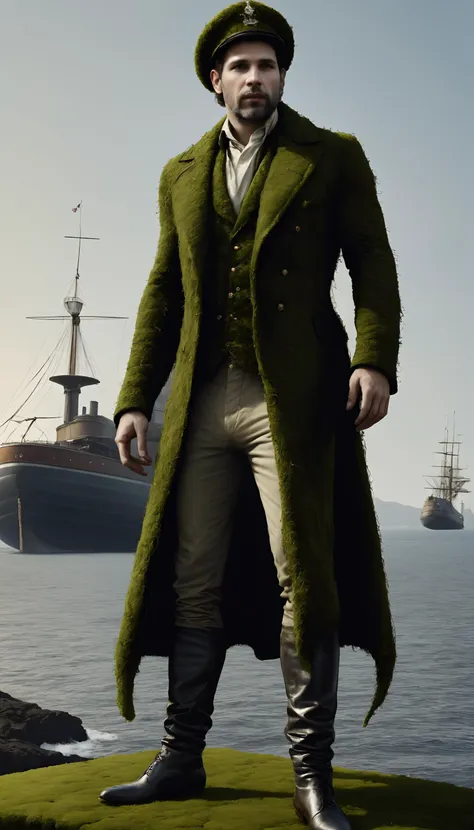 arafed man in a green coat standing on a rock near a ship