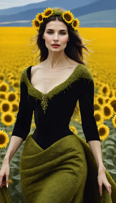 a woman in a green dress and sunflowers in a field