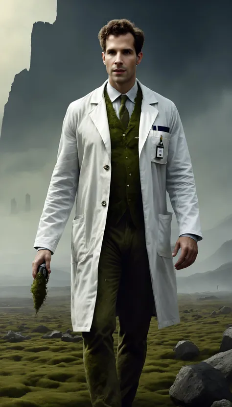 arafed man in a white coat and green vest walking through a field